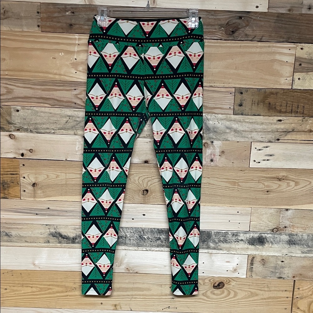 LuLaRoe size One Size (2-12) Geometric Green Santa Buttery Soft Stretchy Legging
